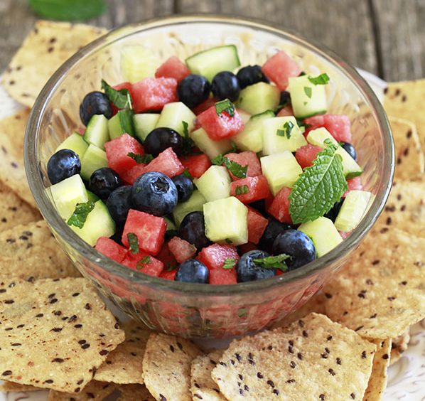 Minted Watermelon, Cucumber, and Blueberry Salad