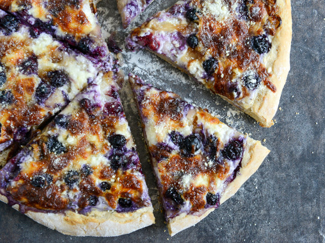 Blueberry Pizza with Whipped Ricotta & Caramelized Shallots.