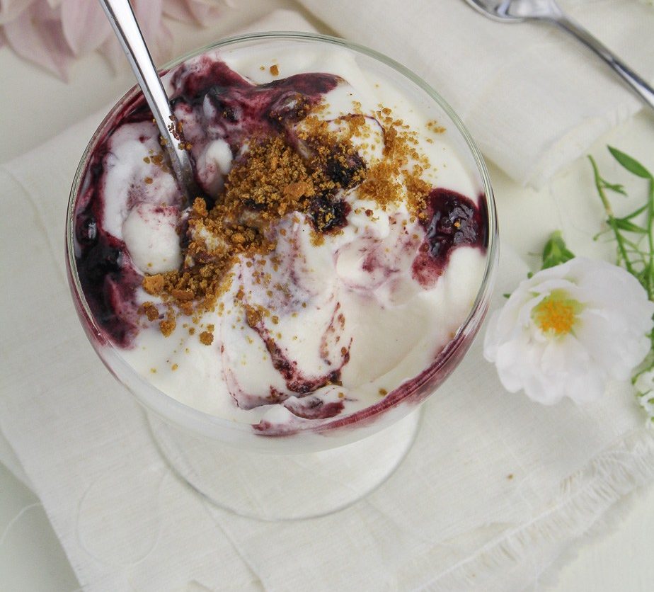 skyr mousse with wild blueberries and sweet gingerbread crumbs